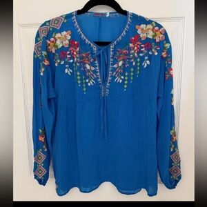 Johnny Was "Vanessa" Blue Georgette Embroidered Tunic Top, Small
